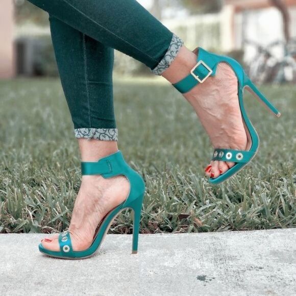 Women's Strappy Ankle High Heel Sandals Teal Color - Picture 1 of 7